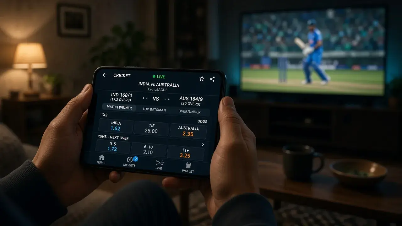 Betting app on a phone during a live match