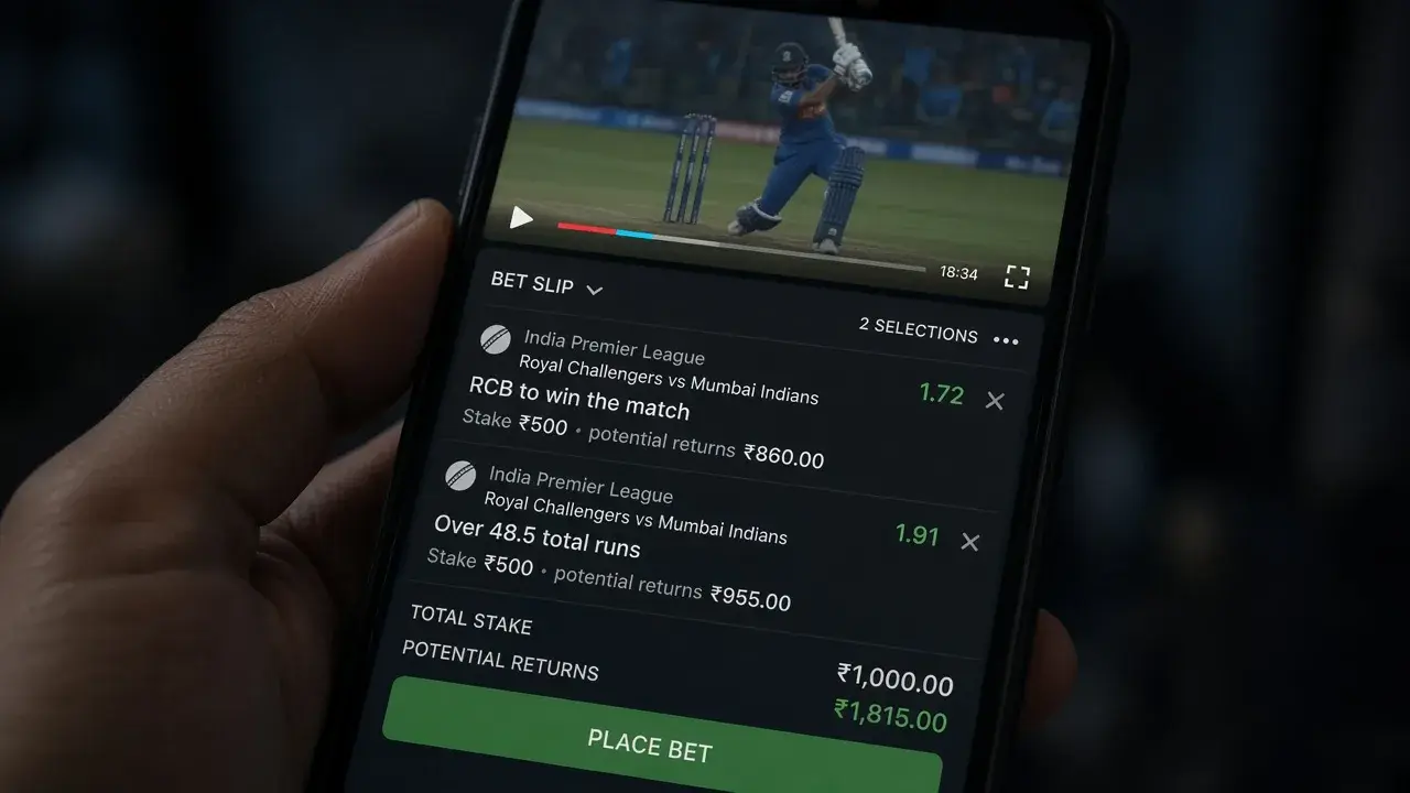 Cricket bet slip on a phone