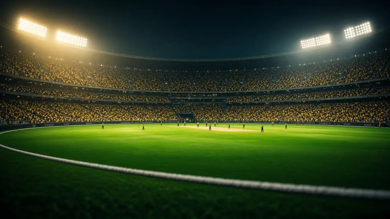 Stadium floodlights over a pitch
