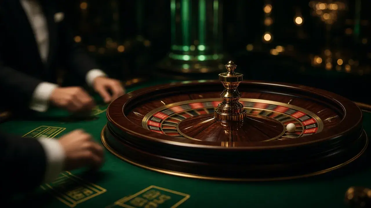 Roulette wheel under gold light