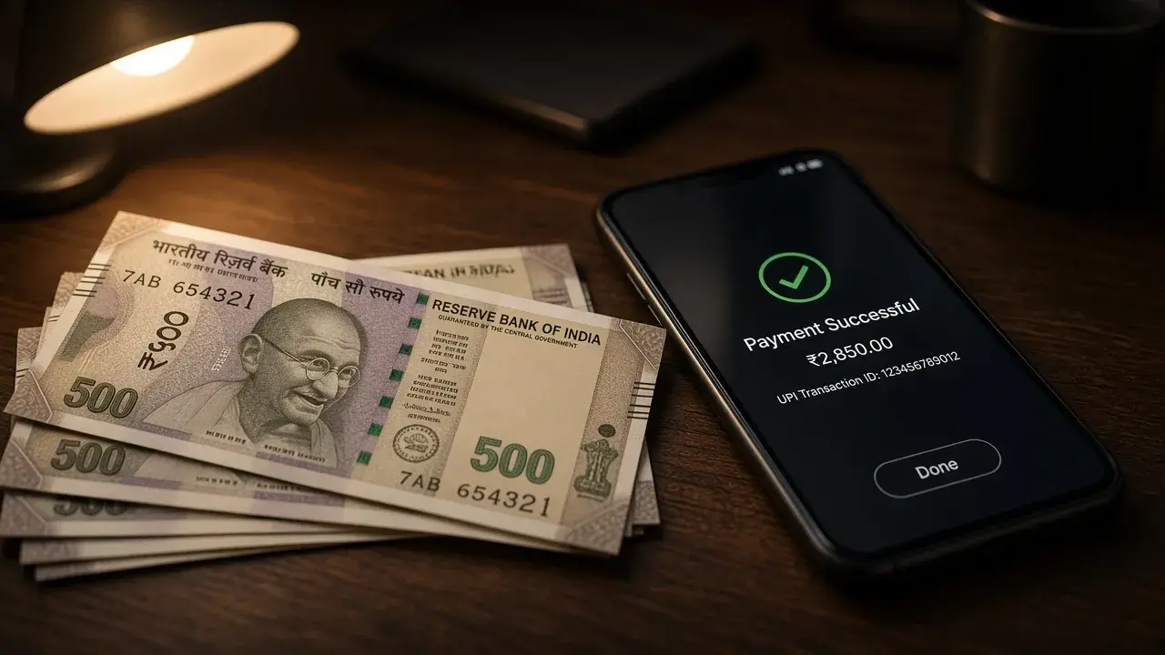 Rupee notes beside a phone on a dark desk