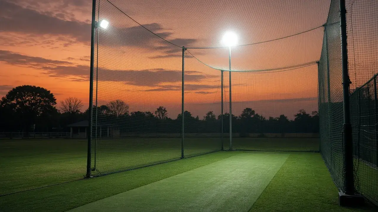 Floodlit cricket nets at dusk