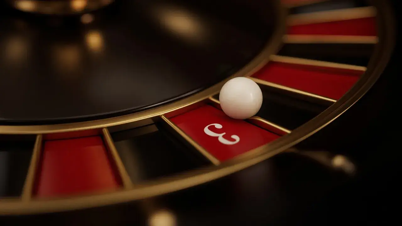 Roulette ball on a red pocket