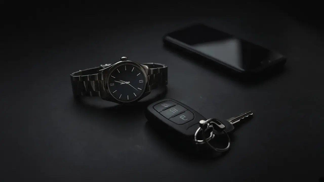 Watch and keys on a black table