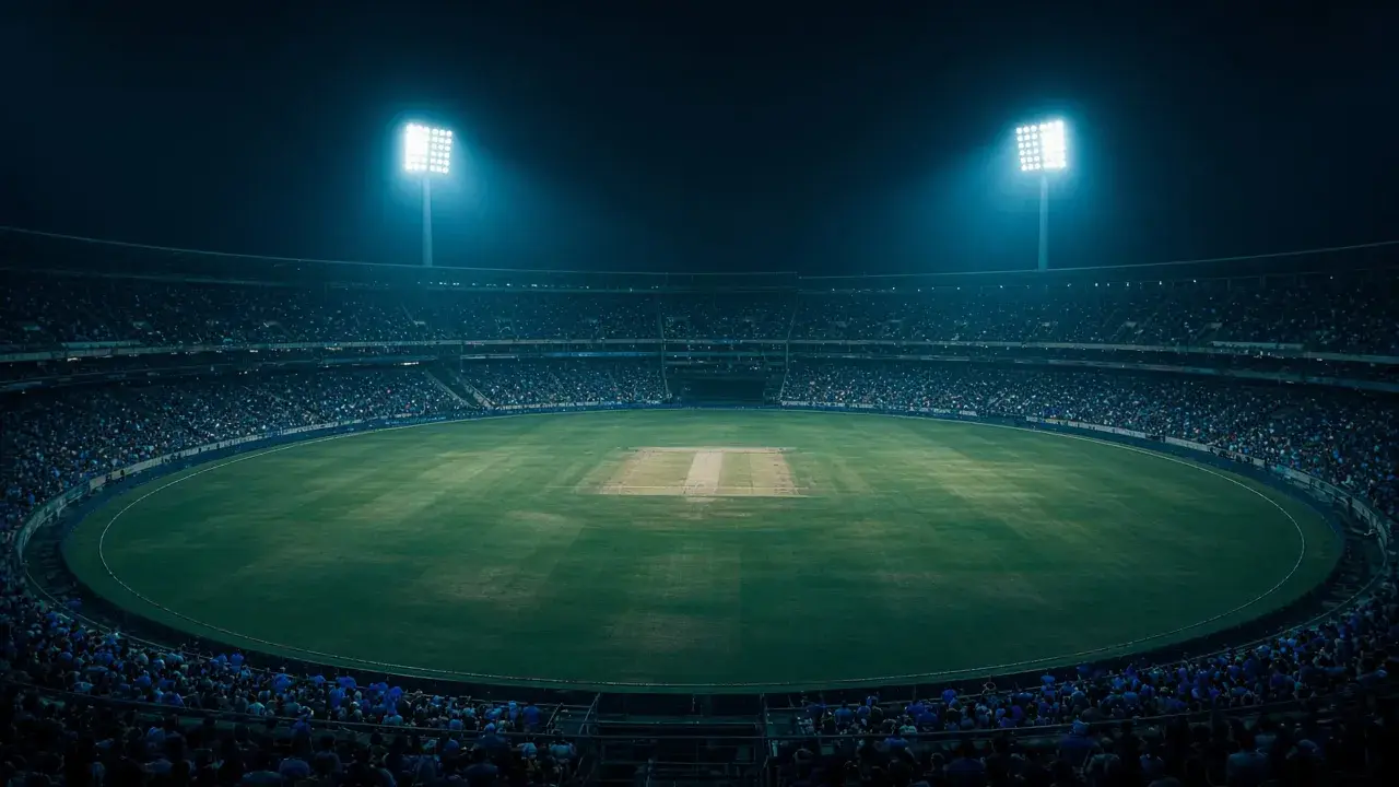 Floodlit cricket stadium with blue stands