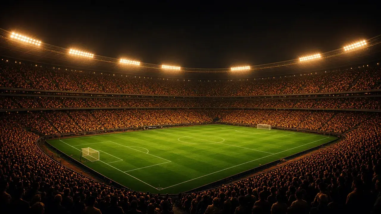 Night football pitch with an orange crowd