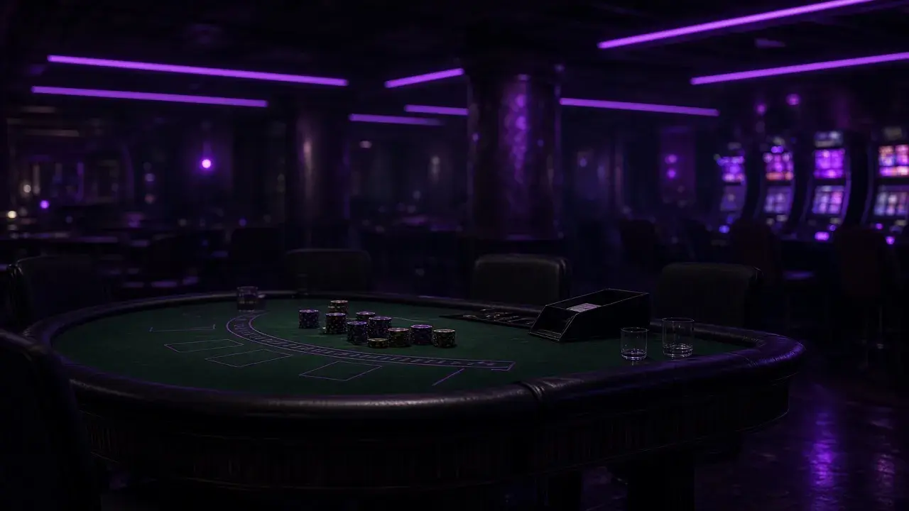 Blackjack table under purple neon