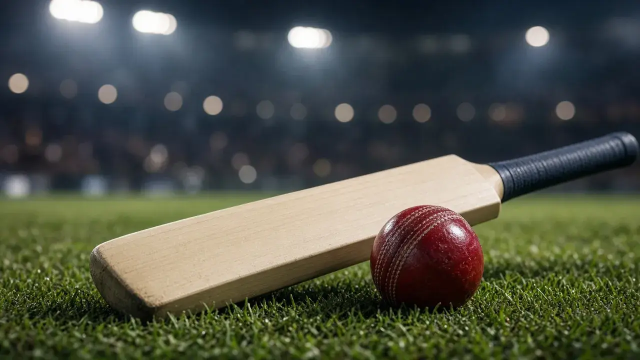 Cricket bat and red ball on grass
