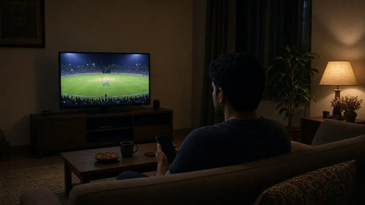 Living room cricket night on TV