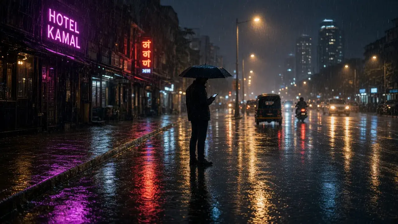 Rainy street and a phone under an umbrella