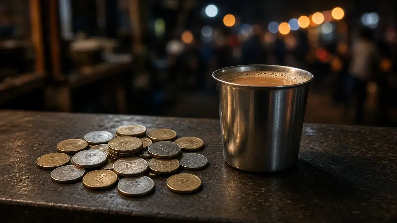 Chai and rupee coins at a stall