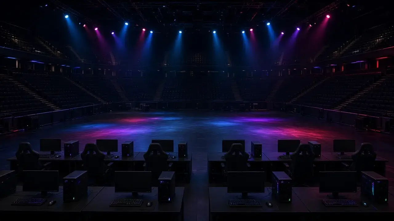 Empty esports hall with coloured light
