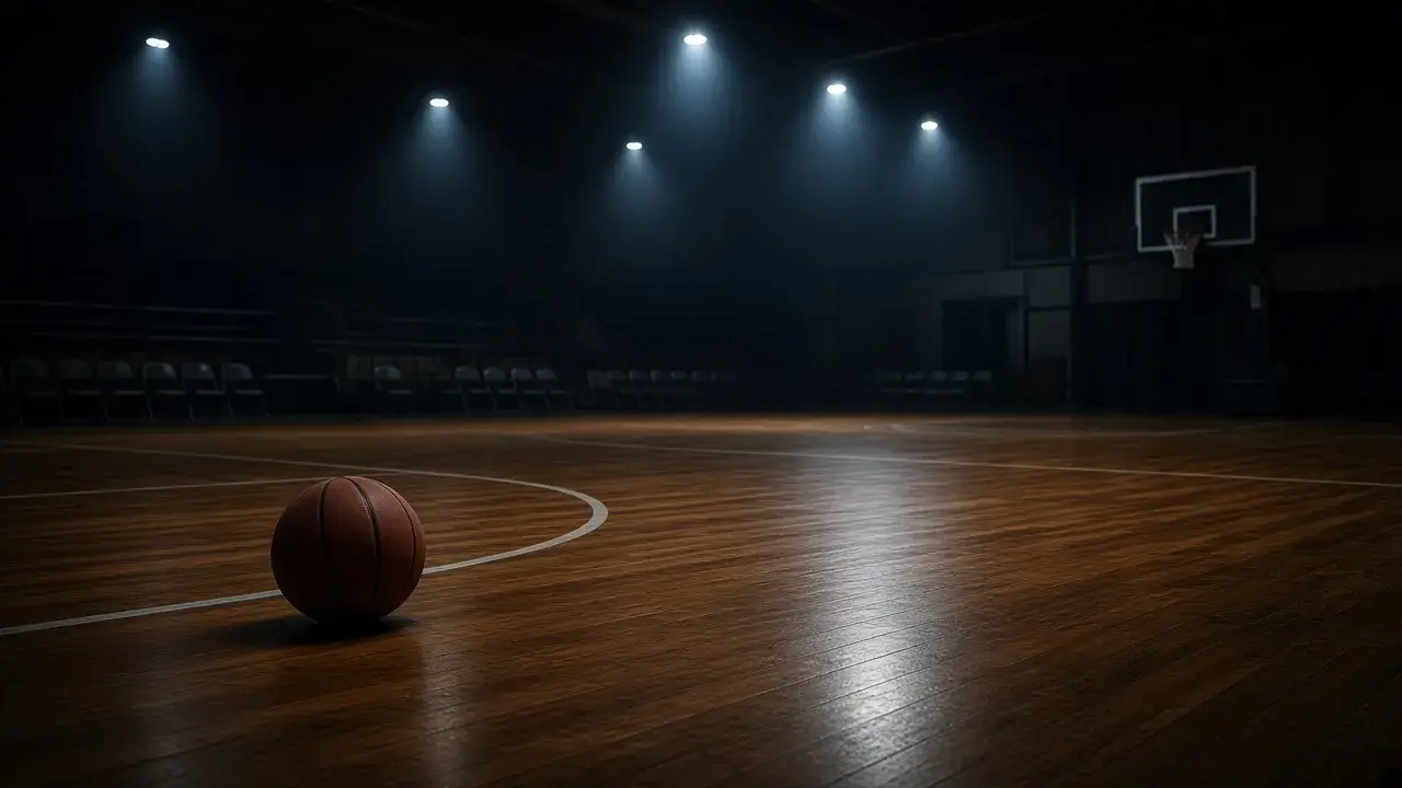 Indoor basketball court at night