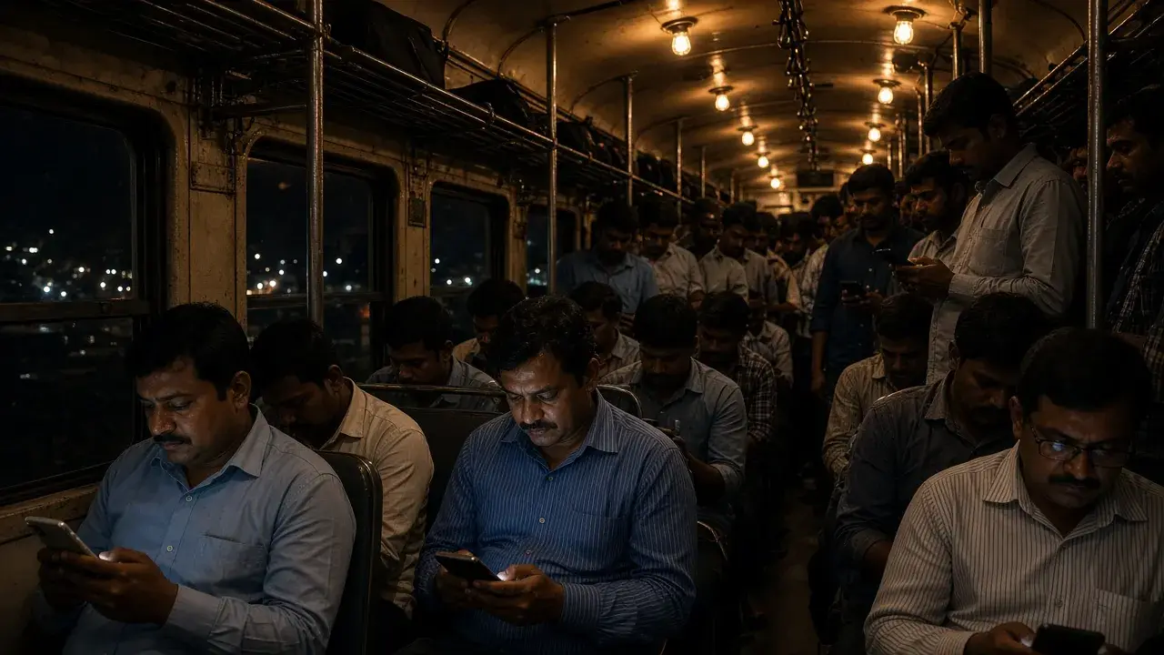 Night train with phones in hand